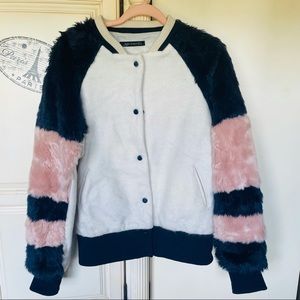 Pink black fur sleeve varsity letterman coat